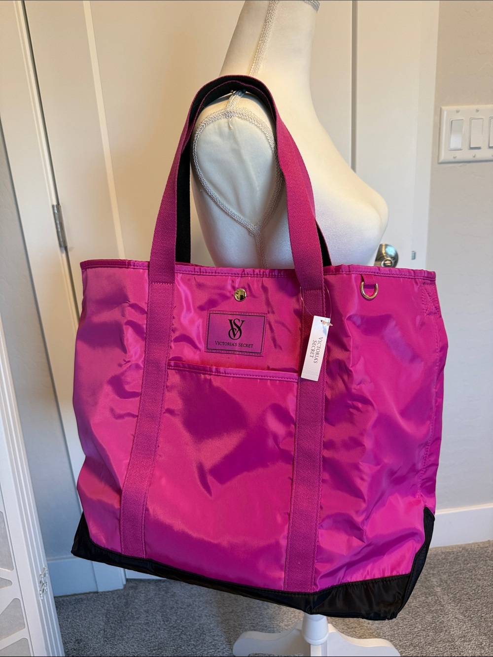 Victoria's Secret Bright Pink Nylon Tote with Black Trim